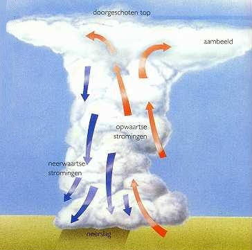 Weerhuisje.eu - De levensloop van een Onweersbui - Is de wolk volgroeid, dan breidt de bovenkant zich uit en daalt de koele lucht neer