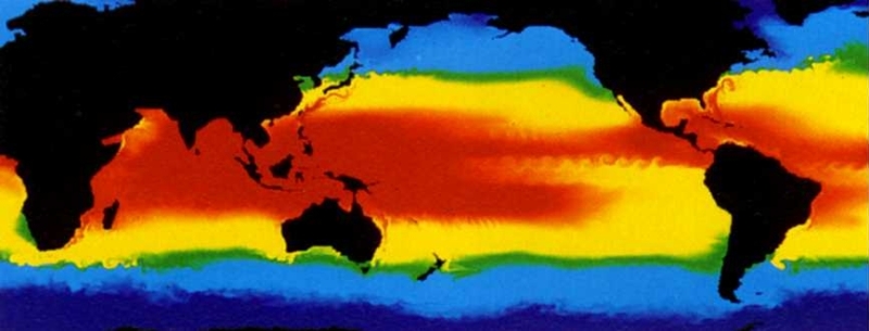 WWeerhuisje.eu - Het weer en de Zee - De Invloed van de Zee op het Weersysteem - Zeewatertemperaturen zijn op deze satellietopname weergegeven in rood (warm), geel en blauw (koud)